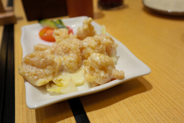 shrimp with mayonaisse on restaurant