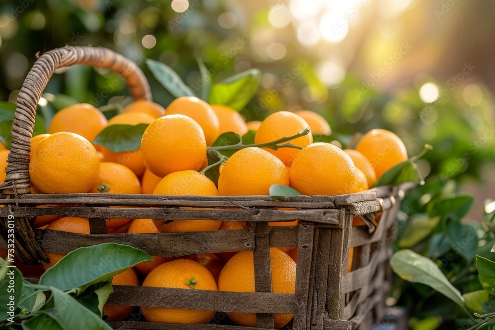 Poster a basket filled with oranges is placed on top of a table.