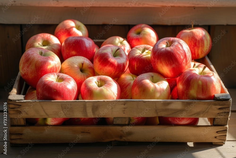 Poster A wooden crate overflowing with an abundance of red and yellow apples, creating a vibrant display of natures bounty.