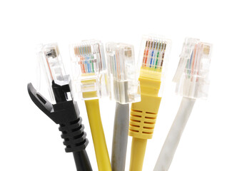 Group of multi-colored network cables with molded RJ45 plug on transparent background (PNG File)	