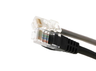 Black and gray network cables with molded RJ45 plug on transparent background (PNG File)