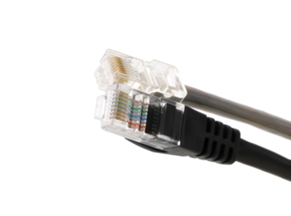 Black and gray network cables with molded RJ45 plug on transparent background (PNG File)