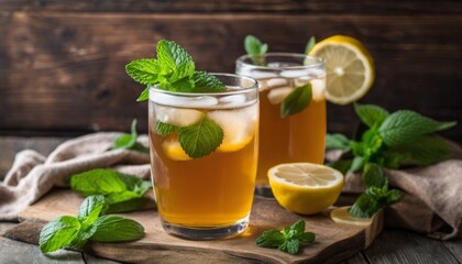 Two glasses of iced tea with lemon and mint