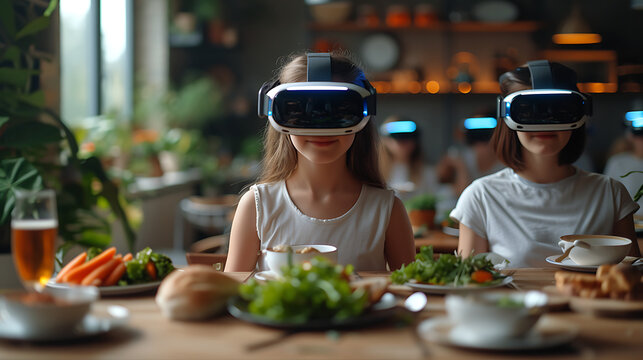 People having dinner in the dining futuristic room using vr glasses futuristic background AI Image Generative