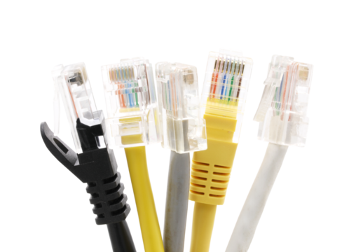 Group of multi-colored network cables with molded RJ45 plug on transparent background (PNG File)	