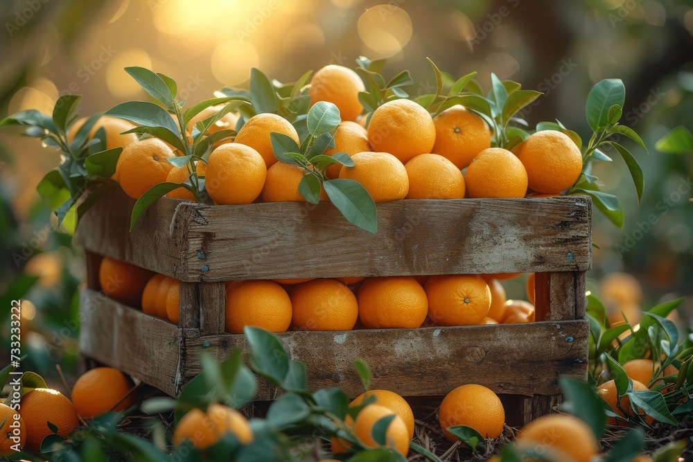 Aufkleber a wooden crate is filled to the brim with a multitude of ripe oranges, creating a vibrant display.