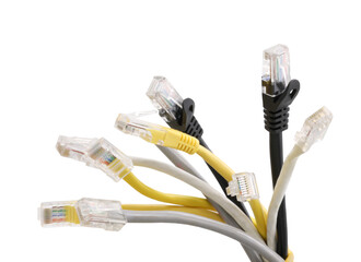 Group of multi-colored network cables with molded RJ45 plug on transparent background (PNG File)	