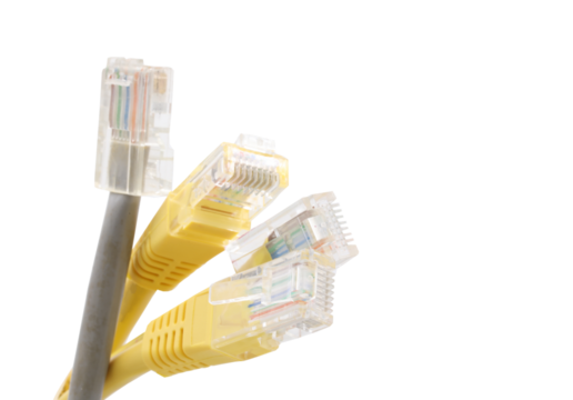 Group of multi-colored network cables with molded RJ45 plug on transparent background (PNG File)	