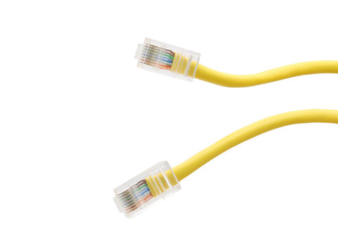 Yellow network cables with molded RJ45 plug on transparent background (PNG File)	
