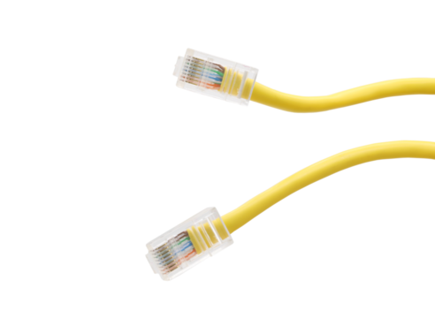 Yellow network cables with molded RJ45 plug on transparent background (PNG File)	
