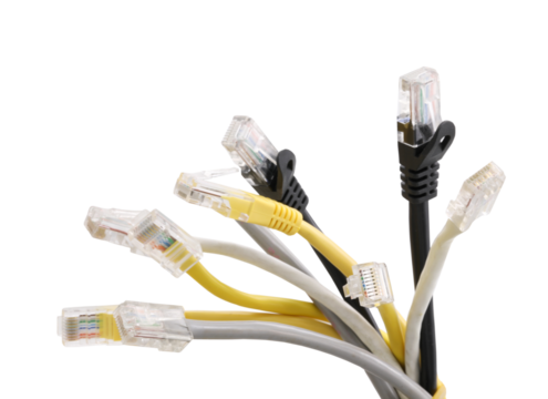 Group of multi-colored network cables with molded RJ45 plug on transparent background (PNG File)	