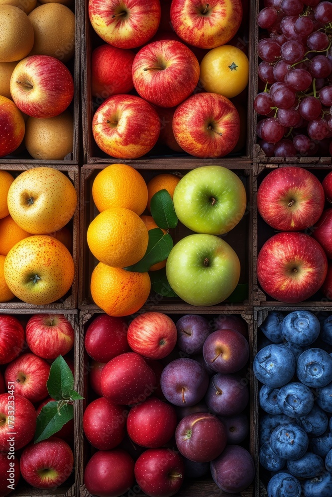 Poster A variety of different types of fresh fruits neatly arranged in a box for display or consumption.