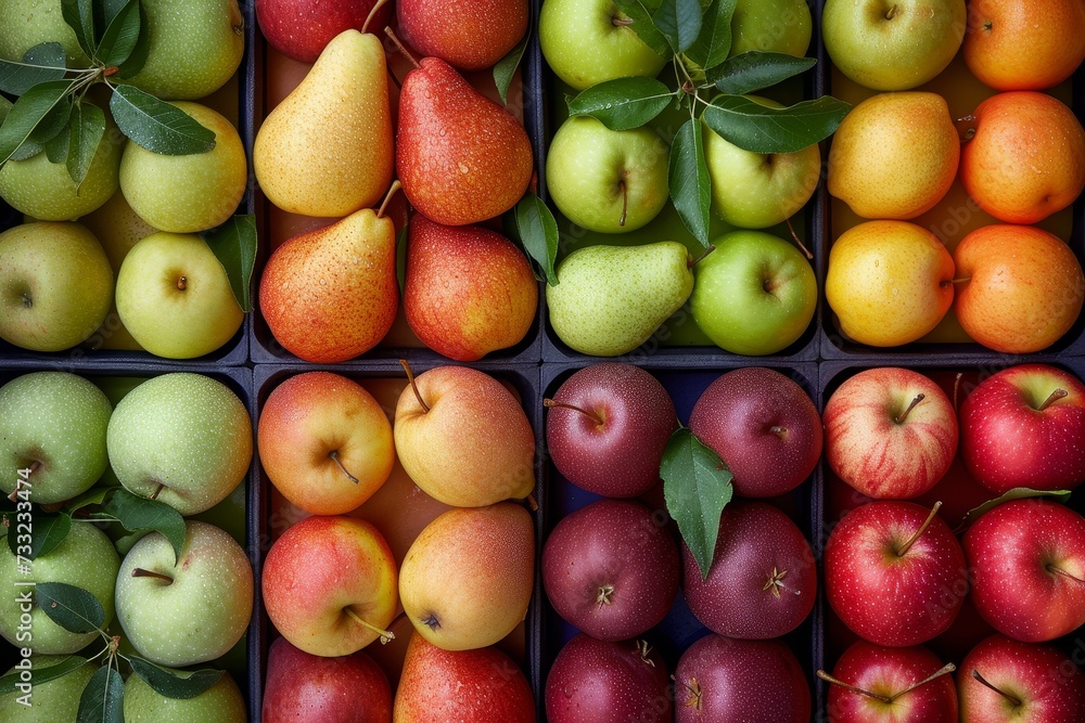 Leinwandbilder a collection of different types of apples and pears displayed together on a surface.