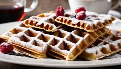 A stack of waffles with powdered sugar and raspberries on top