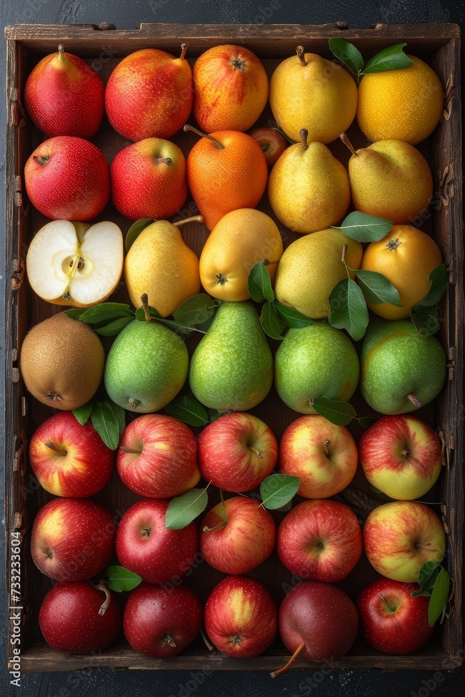 Poster a box is filled to the brim with a wide variety of fruits, creating a vibrant and colorful display.