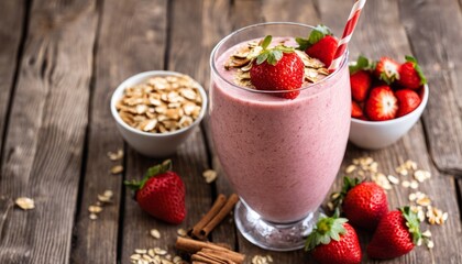 A glass of strawberry smoothie with strawberries and granola