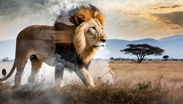 Generated image Lion and the African savanna, double exposure photography 