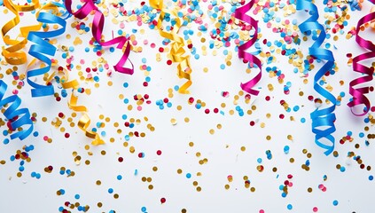 Confetti and streamers on a white background. Celebration and fun concept.
