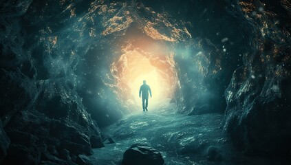 Silhouette of a person in a cave, light at the end of the tunnel. Concept of hope and exploration. - obrazy, fototapety, plakaty