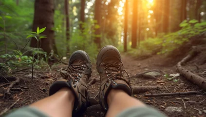 Foto op Canvas Hiking boots on a forest trail. Concept of adventure and travel. © olgainep