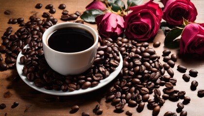 Fototapeta premium A cup of coffee with a spoon in it sits on a plate surrounded by coffee beans and roses