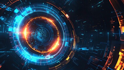 Fototapeta premium Centrifugal perspective of a blue-orange light tunnel. The concept of speed and data transmission.