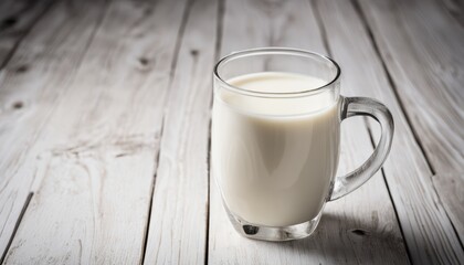 A glass of milk on a wooden table