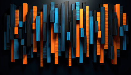 Abstract simple wood art blue and orange lines separated on a black background with glowing.