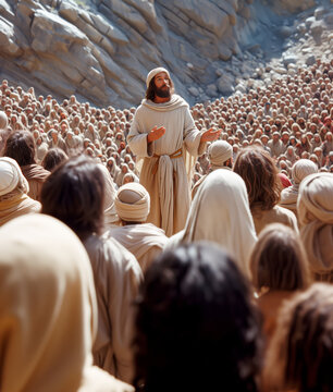 Jesus speaking to the people by parables on the mountain in the midst of nature Generative AI Illustration