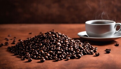 Naklejka premium A cup of coffee next to a pile of coffee beans