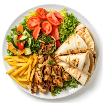 Dajaj chicken Shawarma platter with fries and salad served in dish isolated on white top view