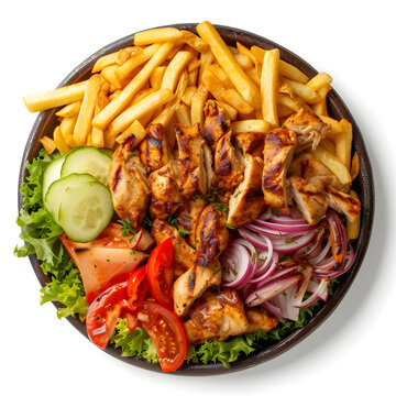 Dajaj chicken Shawarma platter with fries and salad served in dish isolated on white top view