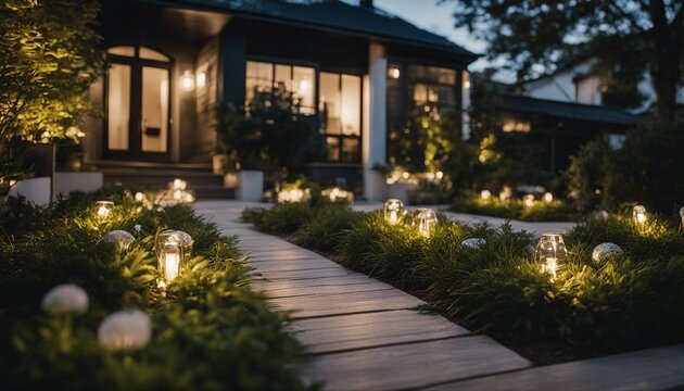 Modern gardening landscaping design details. Illuminated pathway in front of residential house