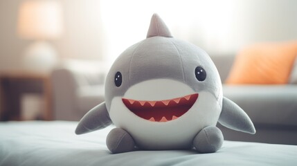 Cute shark plush toy, closeup. - 733235631