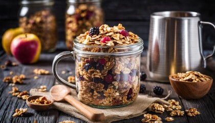 A glass jar of granola with a spoon in it - Powered by Adobe