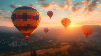 Hot air balloons flying in the sky during sunrise over beautiful landscape with hills and valleys.