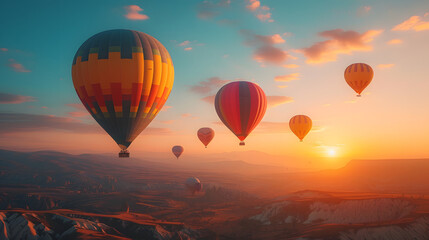 Fototapeta premium Hot air balloons flying in the sky during sunrise over beautiful landscape with hills and valleys.