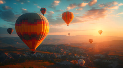 Obraz premium Hot air balloons flying in the sky during sunrise over beautiful landscape with hills and valleys.