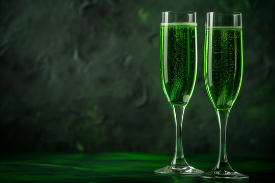 Celebrate St. Patrick's Day in style with two chilled glasses of festive green champagne. Perfect for parties, toasts, or special occasions. Ample copy space for your message.