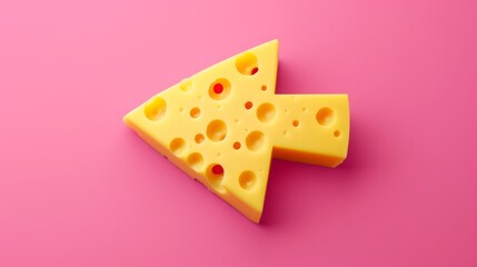 Arrow made of cheese on pink background. Direction symbol