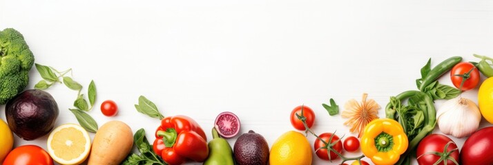 Healthy food concept. Fruits and vegetables on white background. Top view with copy-space.