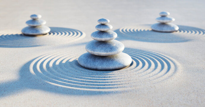 Japanese zen garden - three stacks of pebbles in the evening sun - 3D illustration
