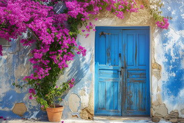 Fototapeta na wymiar Weathered blue door and bougainvillea tree on Crete street