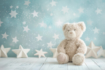 Baby shower party invitation with little teddy bear, pastel blue white stars