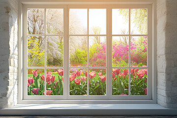 White tall window sill with spring garden on background