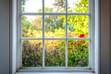 White tall window sill with summer garden on background
