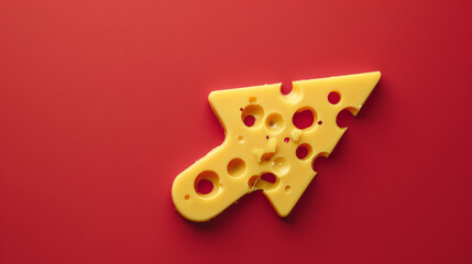 Arrow made of cheese on red background. Direction symbol