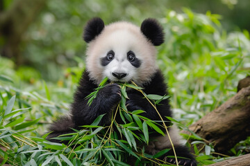 Baby panda eating bamboo in the forest, National panda day