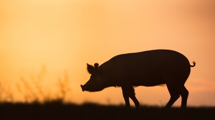 Silhouette of pig on sunset sky. - 733236657
