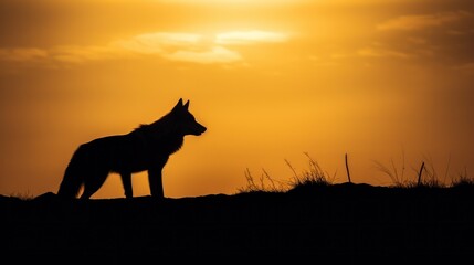 Fototapeta na wymiar Silhouette of wolf on sunset sky.